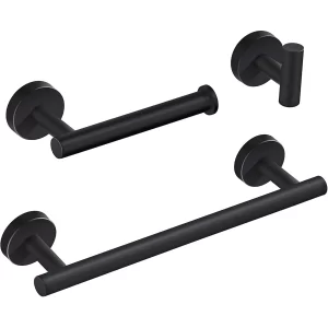 Marmolux Bathroom Hardware Set 3pcs -12" Towel Bar, Toilet Paper Holder, Towel Hooks, Matte Black