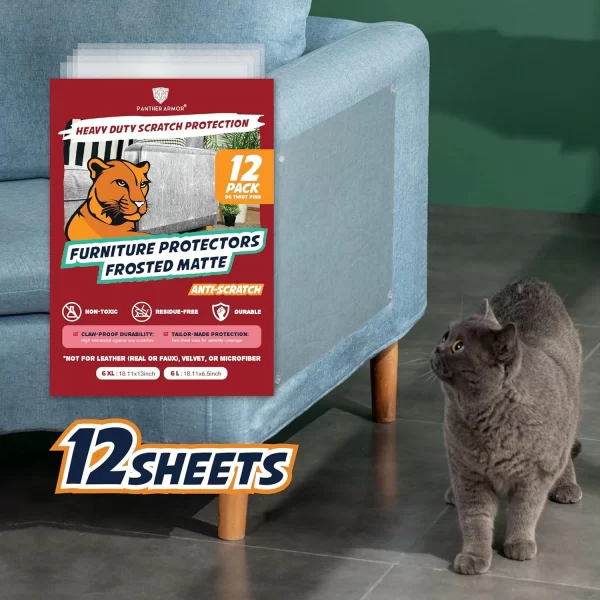Panther Armor Cat Scratch Furniture Protector for Sofa, Couch - Frosted Matte Sheets, 12PACK w/ pins