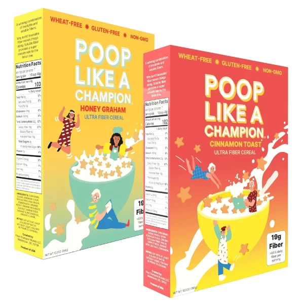 Poop Like a Champion High Fiber Cereal for Breakfast Duo: Cinnamon Toast + Honey Graham Flavor